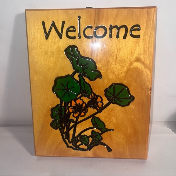 Wooden Handmade Welcome Sign Nasturtiums Painted Flowers - Picture 2 of 8